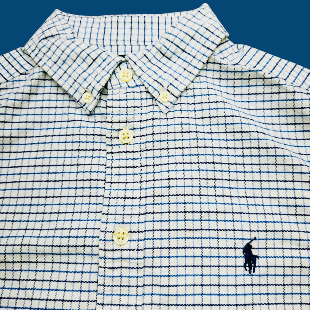 Ralph Lauren Custom Fit Shirt 14 Boys White Blue Plaid Long Sleeve Button Down